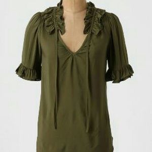 Anthropologie Odille Olive Green Ruffle Blouse